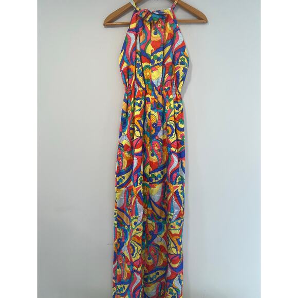 Stunning Vintage 1970s Halter Neck Maxi Dress Bold Psychedelic Print Sm/Med JL - Picture 9 of 10